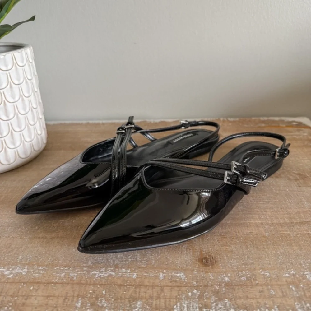 Nine West Black Patent Pointed Slingback Flats with Double Straps